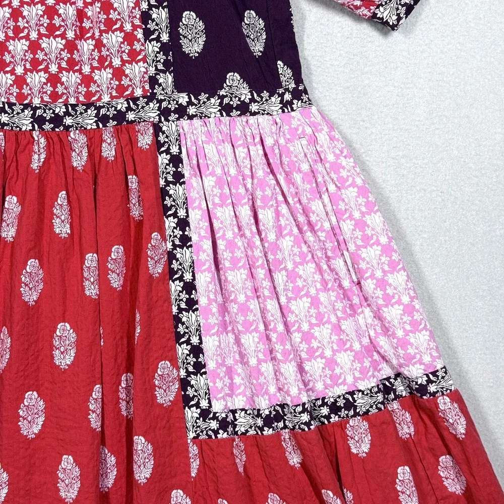 Maeve Dress‎ Womens XS Patchwork Square Neck Tape Detail Midi Peasant Cottage